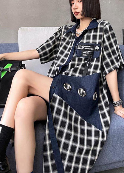 Bohemian Blue Plaid Patchwork Peter Pan Collar Summer Cotton Dress - SooLinen