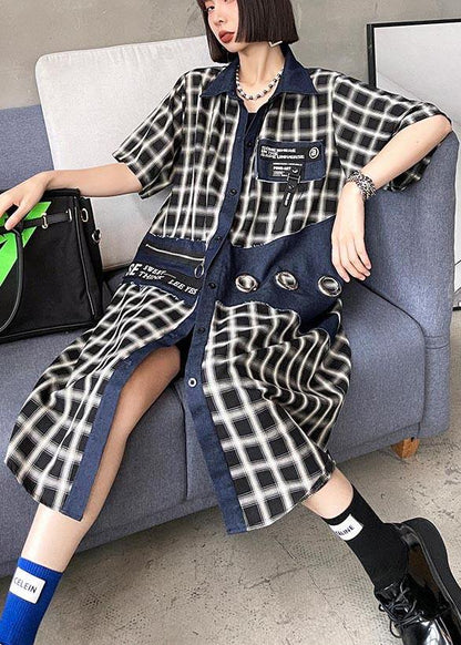 Bohemian Blue Plaid Patchwork Peter Pan Collar Summer Cotton Dress - SooLinen