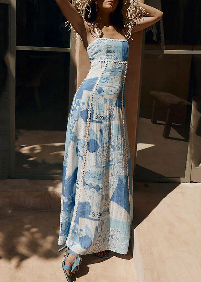 Bohemian Blue Print Patchwork Long Spaghetti Strap Dress Summer