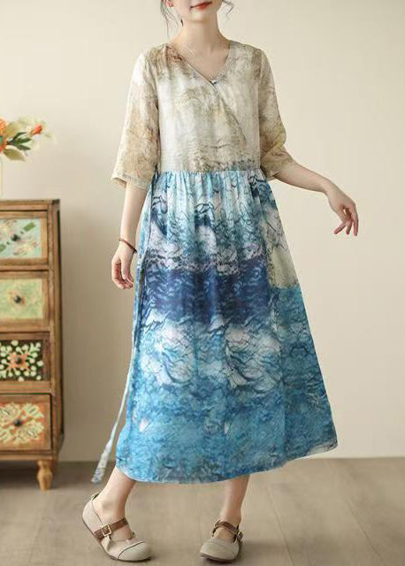Bohemian Blue Print Patchwork Tunic Dresses Summer