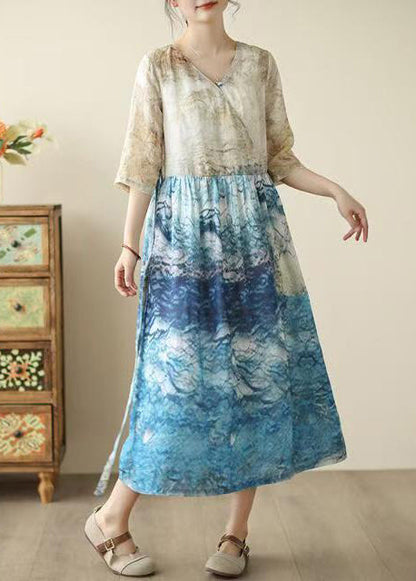 Bohemian Blue Print Patchwork Tunic Dresses Summer