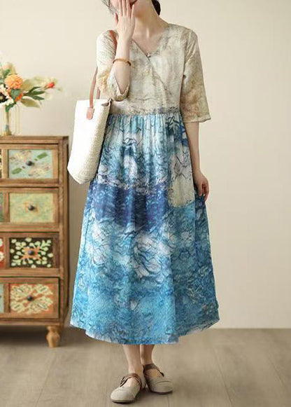 Bohemian Blue Print Patchwork Tunic Dresses Summer