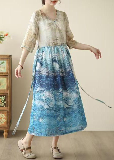 Bohemian Blue Print Patchwork Tunic Dresses Summer