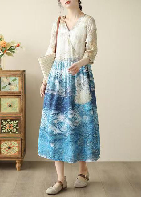 Bohemian Blue Print Patchwork Tunic Dresses Summer