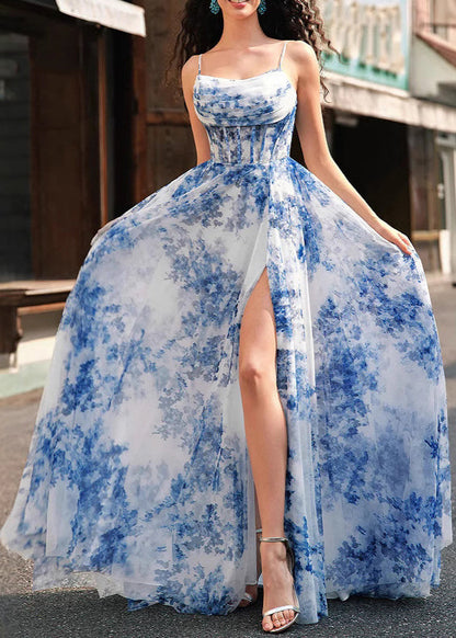 Bohemian Blue Print Side Open Chiffon Spaghetti Strap Dress Sleeveless
