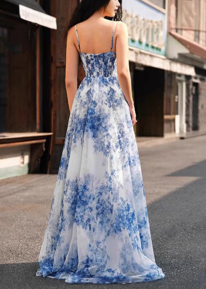 Bohemian Blue Print Side Open Chiffon Spaghetti Strap Dress Sleeveless