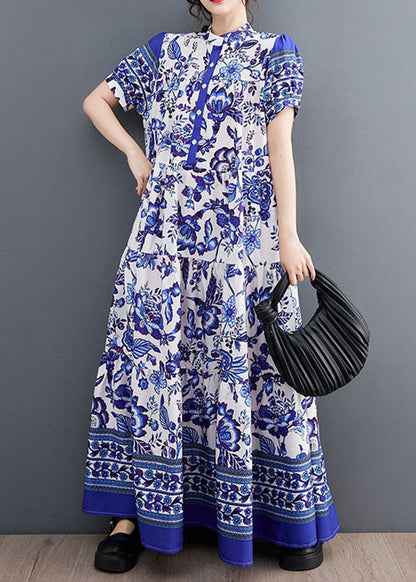 Bohemian Blue Print Stand Collar Chiffon Long Dress Lantern Sleeve