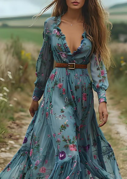 Bohemian Blue Ruffled Print Patchwork Chiffon Long Dress Spring