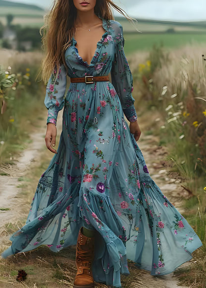 Bohemian Blue Ruffled Print Patchwork Chiffon Long Dress Spring
