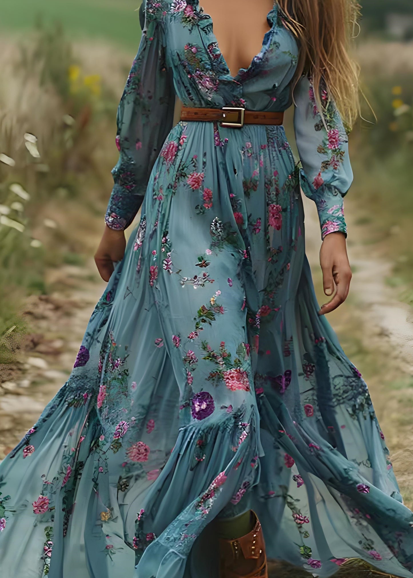Bohemian Blue Ruffled Print Patchwork Chiffon Long Dress Spring