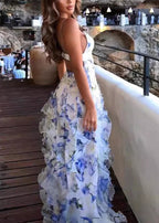 Bohemian Blue Ruffled Print Tulle Spaghetti Strap Dress Sleeveless