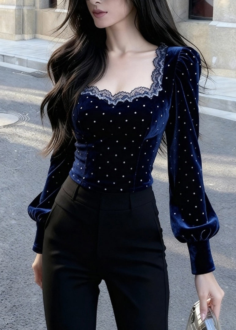 Bohemian Blue Square Collar Lace Patchwork Silk Velour Tops Spring