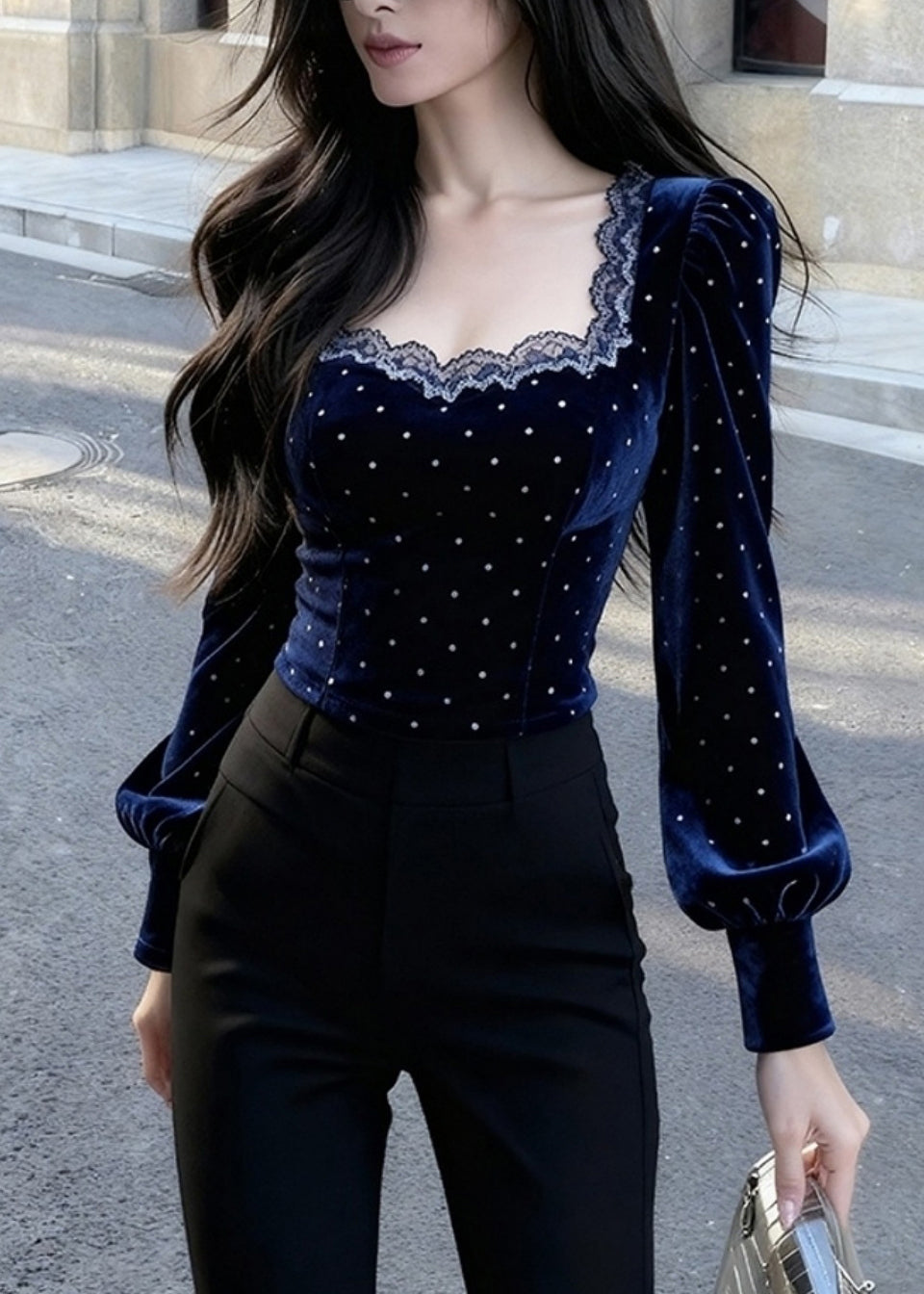 Bohemian Blue Square Collar Lace Patchwork Silk Velour Tops Spring