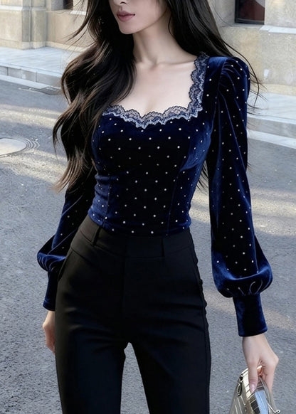 Bohemian Blue Square Collar Lace Patchwork Silk Velour Tops Spring