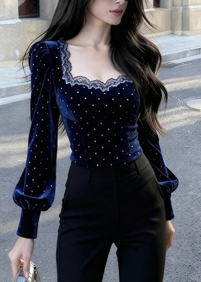 Bohemian Blue Square Collar Lace Patchwork Silk Velour Tops Spring