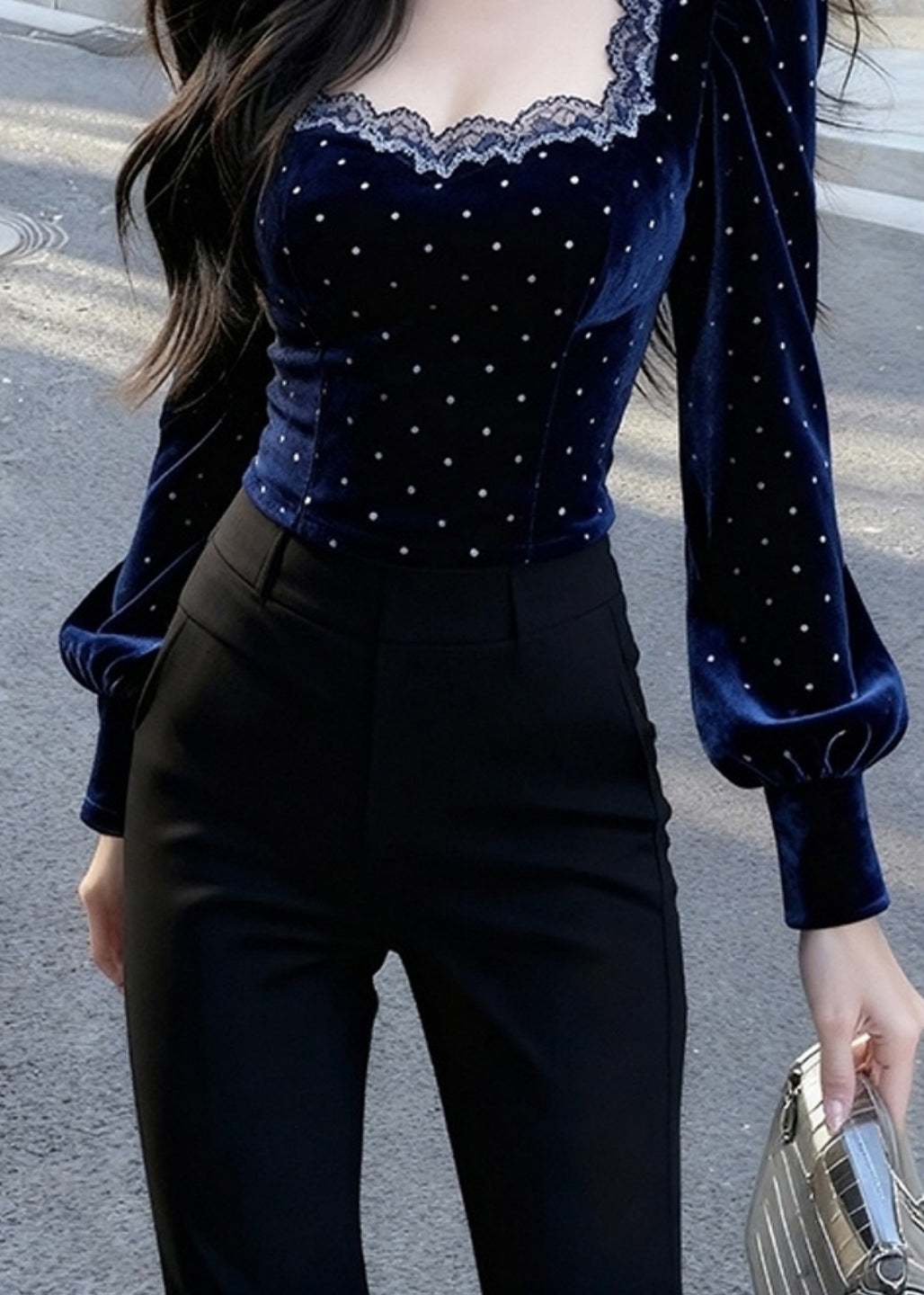 Bohemian Blue Square Collar Lace Patchwork Silk Velour Tops Spring