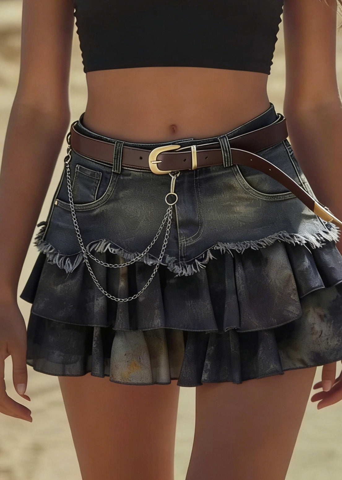 Bohemian Blue Tasseled Patchwork Ruffles Skirt Summer
