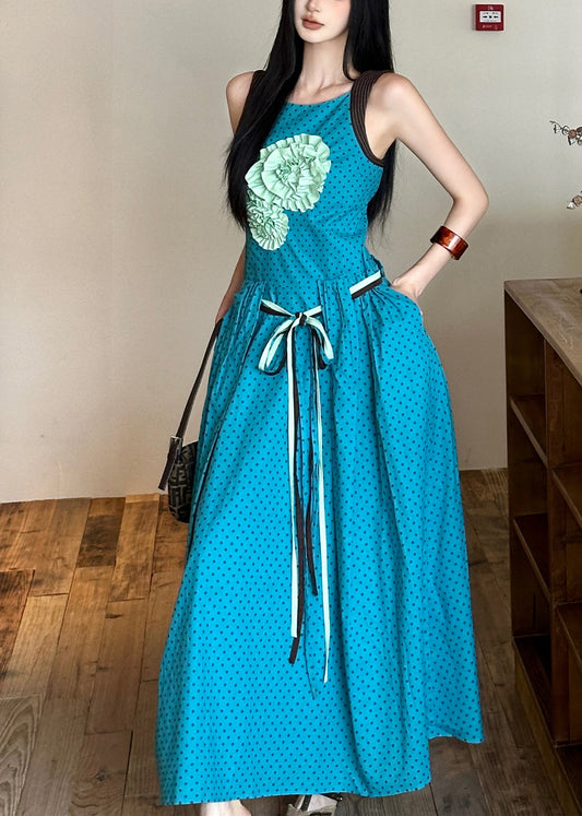 Bohemian Blue Tie Waist Flower Decorated Cotton Dress Sleeveless