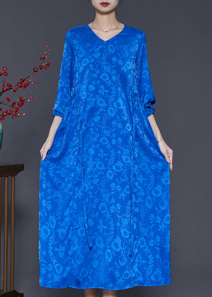 Bohemian Blue Tie Waist Print Silk Dress Spring
