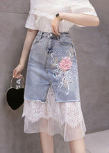Load image into Gallery viewer, Bohemian Blue Tulle Patchwork Floral Button Denim Skirt