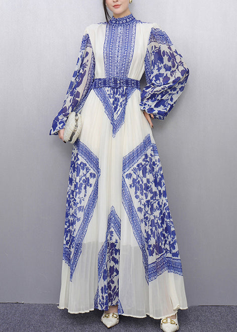 Bohemian Blue Tunic Print Chiffon Pleated Dresses Summer