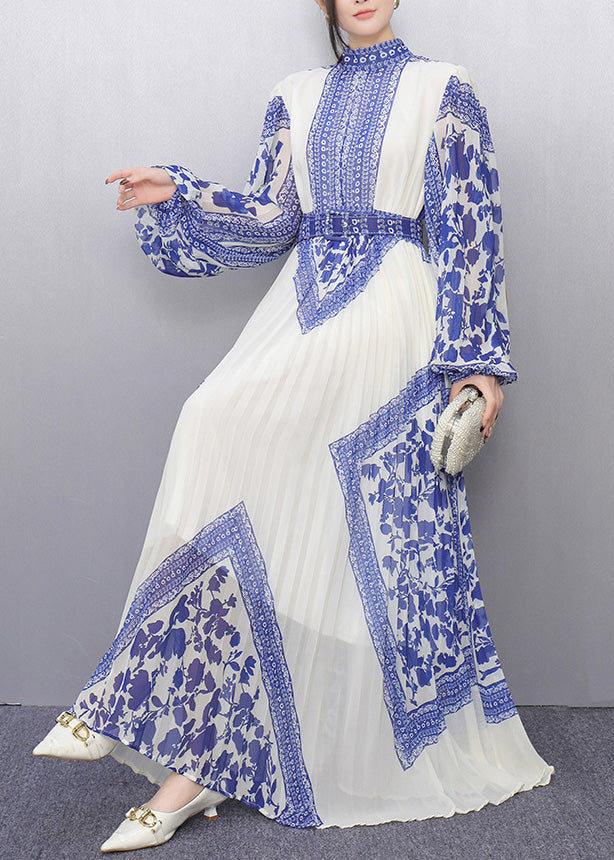 Bohemian Blue Tunic Print Chiffon Pleated Dresses Summer