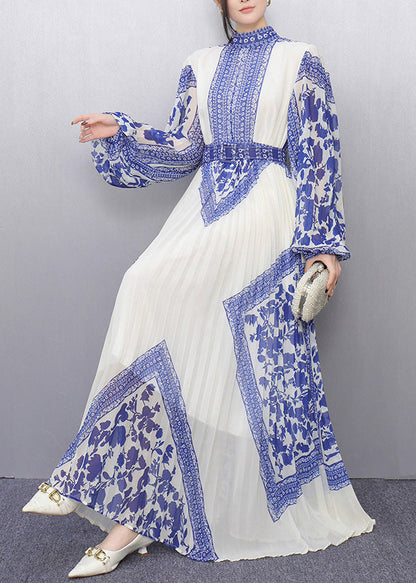 Bohemian Blue Tunic Print Chiffon Pleated Dresses Summer