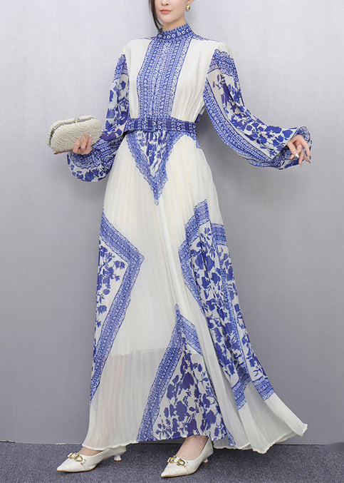Bohemian Blue Tunic Print Chiffon Pleated Dresses Summer