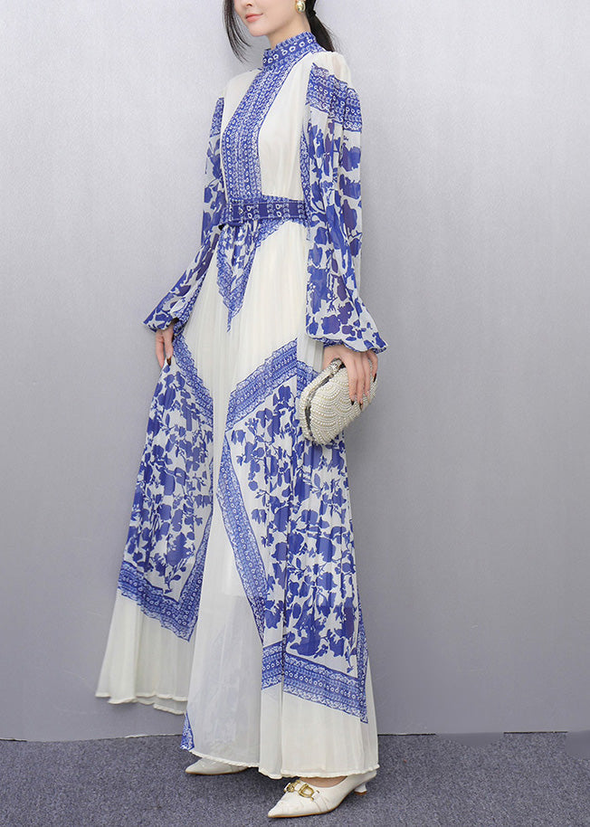 Bohemian Blue Tunic Print Chiffon Pleated Dresses Summer