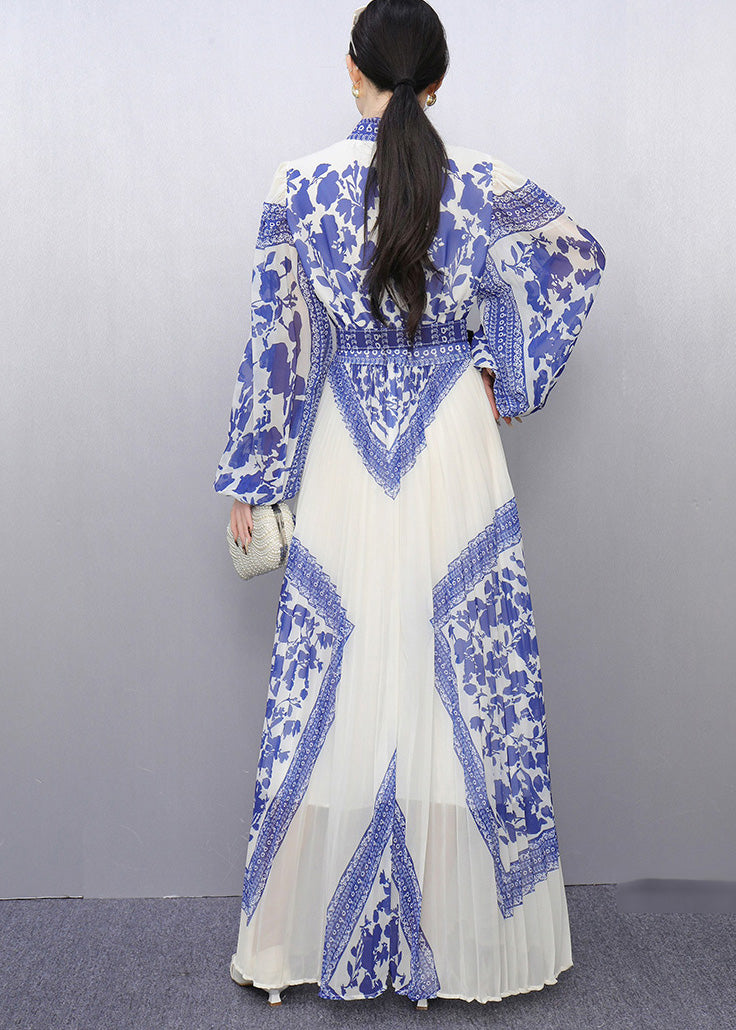 Bohemian Blue Tunic Print Chiffon Pleated Dresses Summer