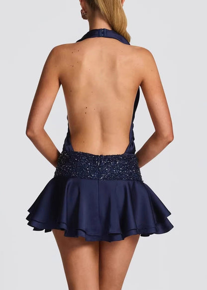 Bohemian Blue V Neck Halter Sequins Mini Dresses Summer