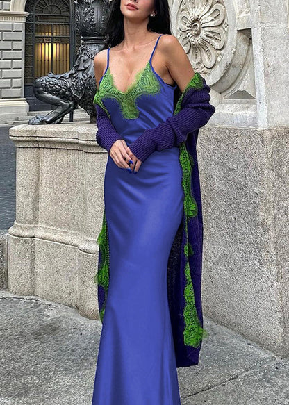 Bohemian Blue V Neck Lace Patchwork Spaghetti Strap Dress Sleeveless