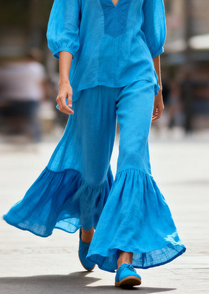 Bohemian Blue V Neck Patchwork Tops And Pants Cotton Two Pieces Set Summer