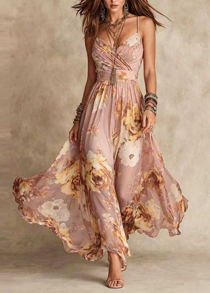 Bohemian Blue V Neck Print Chiffon Spaghetti Strap Dress Summer
