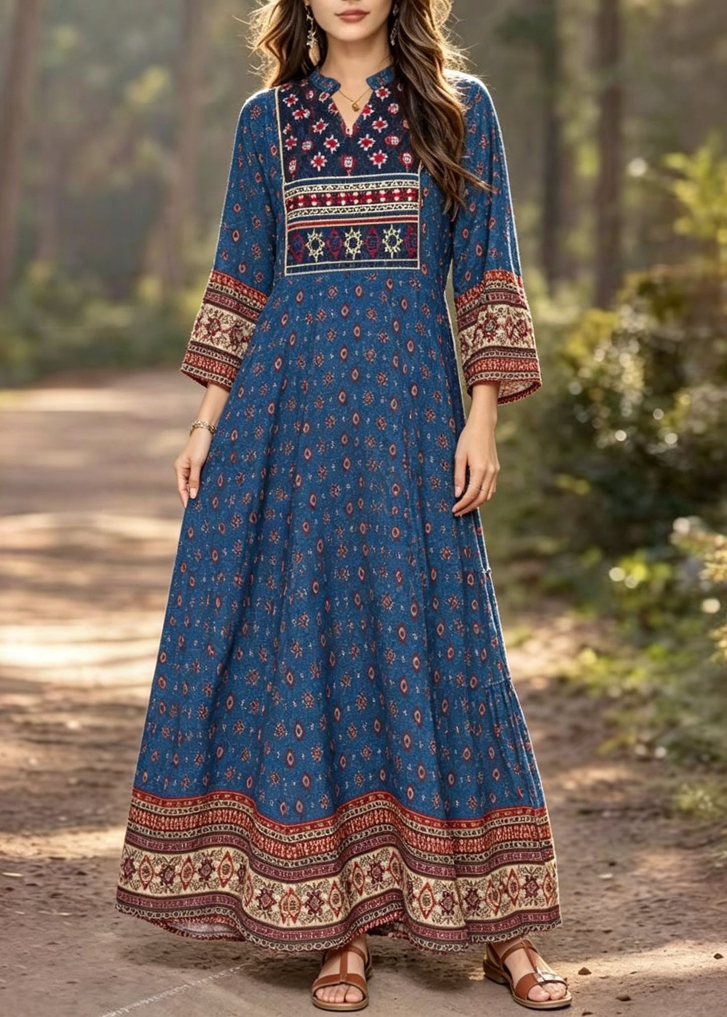 Bohemian Blue V Neck Print Cotton Long Dress Summer