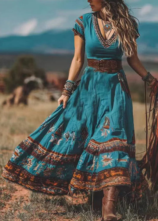 Bohemian Blue V Neck Print Patchwork Cotton Dress Summer