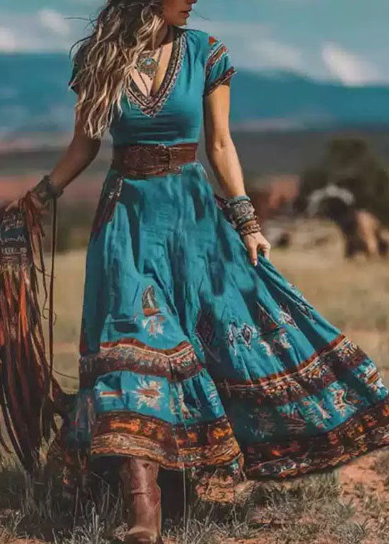 Bohemian Blue V Neck Print Patchwork Cotton Dress Summer