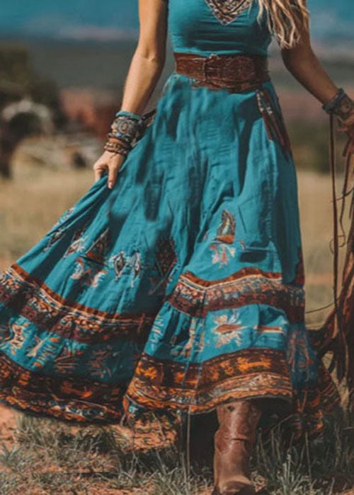 Bohemian Blue V Neck Print Patchwork Cotton Dress Summer