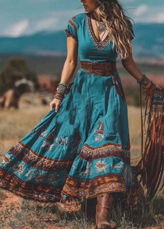 Bohemian Blue V Neck Print Patchwork Cotton Dress Summer