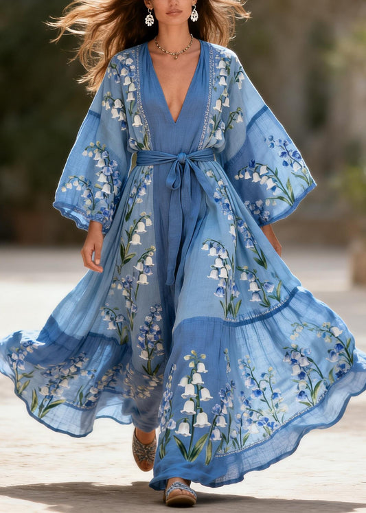 Bohemian Blue V Neck Print Patchwork Cotton Robe Dresses Summer