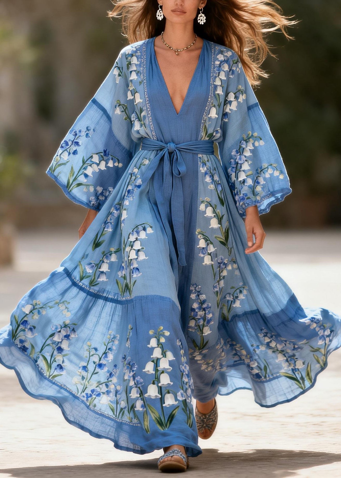 Bohemian Blue V Neck Print Patchwork Cotton Robe Dresses Summer