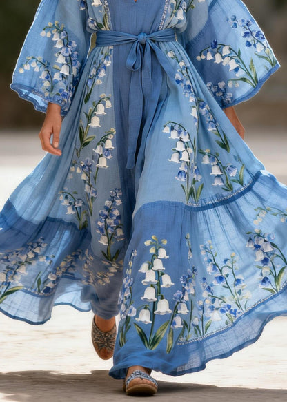 Bohemian Blue V Neck Print Patchwork Cotton Robe Dresses Summer