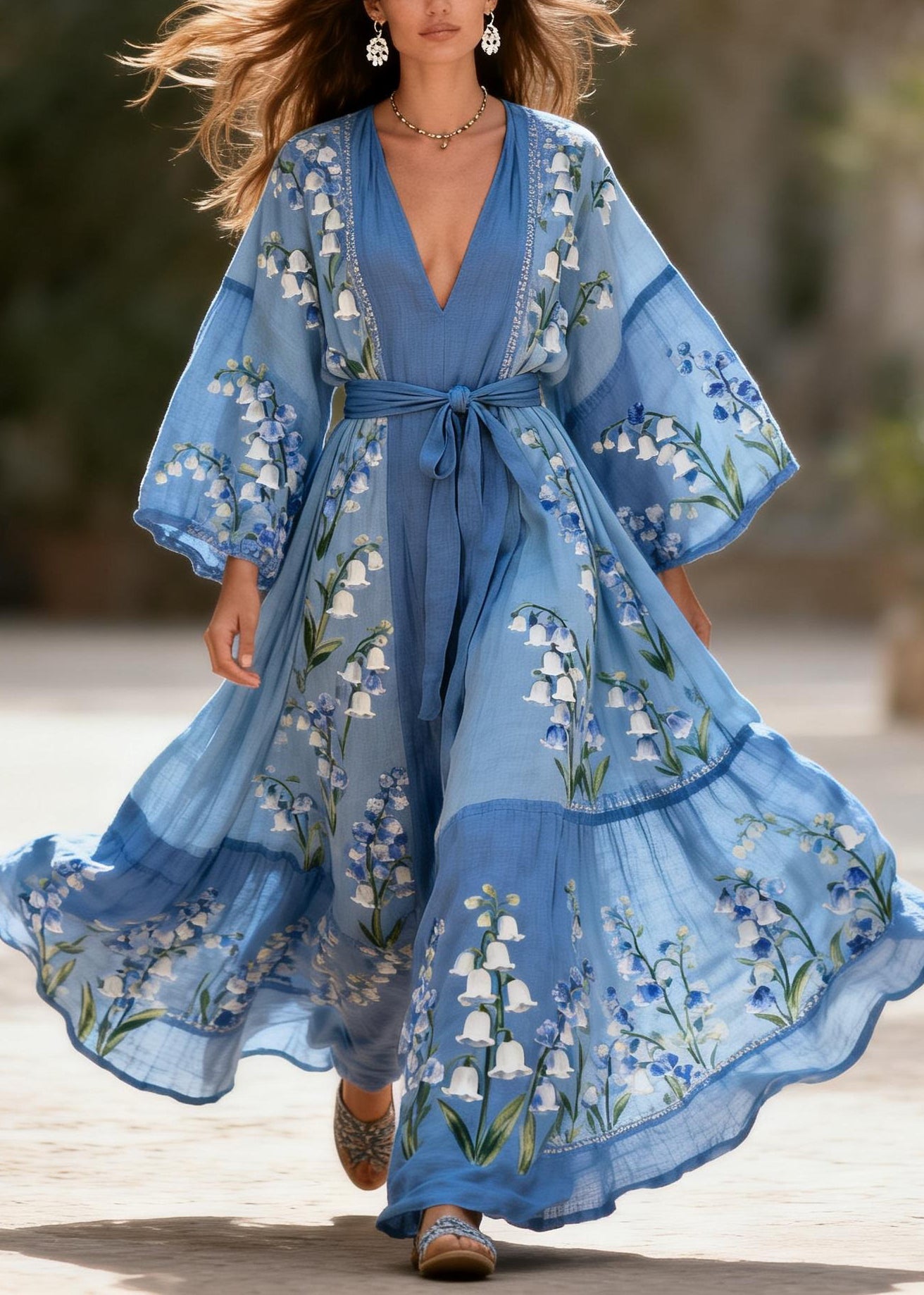Bohemian Blue V Neck Print Patchwork Cotton Robe Dresses Summer