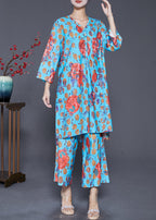 Bohemian Blue V Neck Print Side Open Two Pieces Set Fall