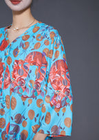 Bohemian Blue V Neck Print Side Open Two Pieces Set Fall