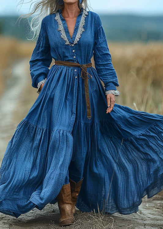 Bohemian Blue V Neck Wrinkled Patchwork Cotton Long Dresses Spring