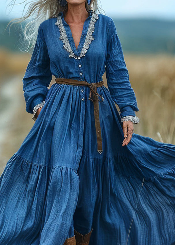 Bohemian Blue V Neck Wrinkled Patchwork Cotton Long Dresses Spring