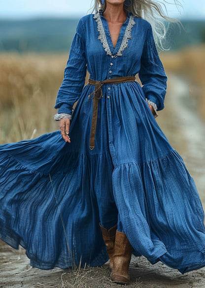 Bohemian Blue V Neck Wrinkled Patchwork Cotton Long Dresses Spring