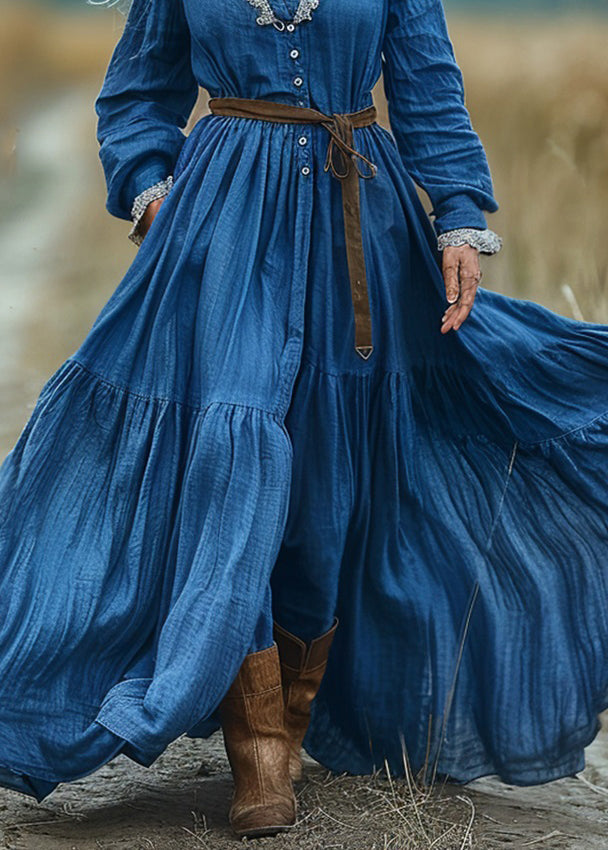 Bohemian Blue V Neck Wrinkled Patchwork Cotton Long Dresses Spring