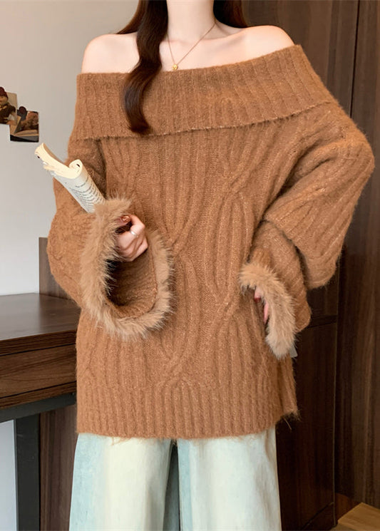 Bohemian Brown Cold Shoulder Patchwork Faux Fur Knitted Tops Winter